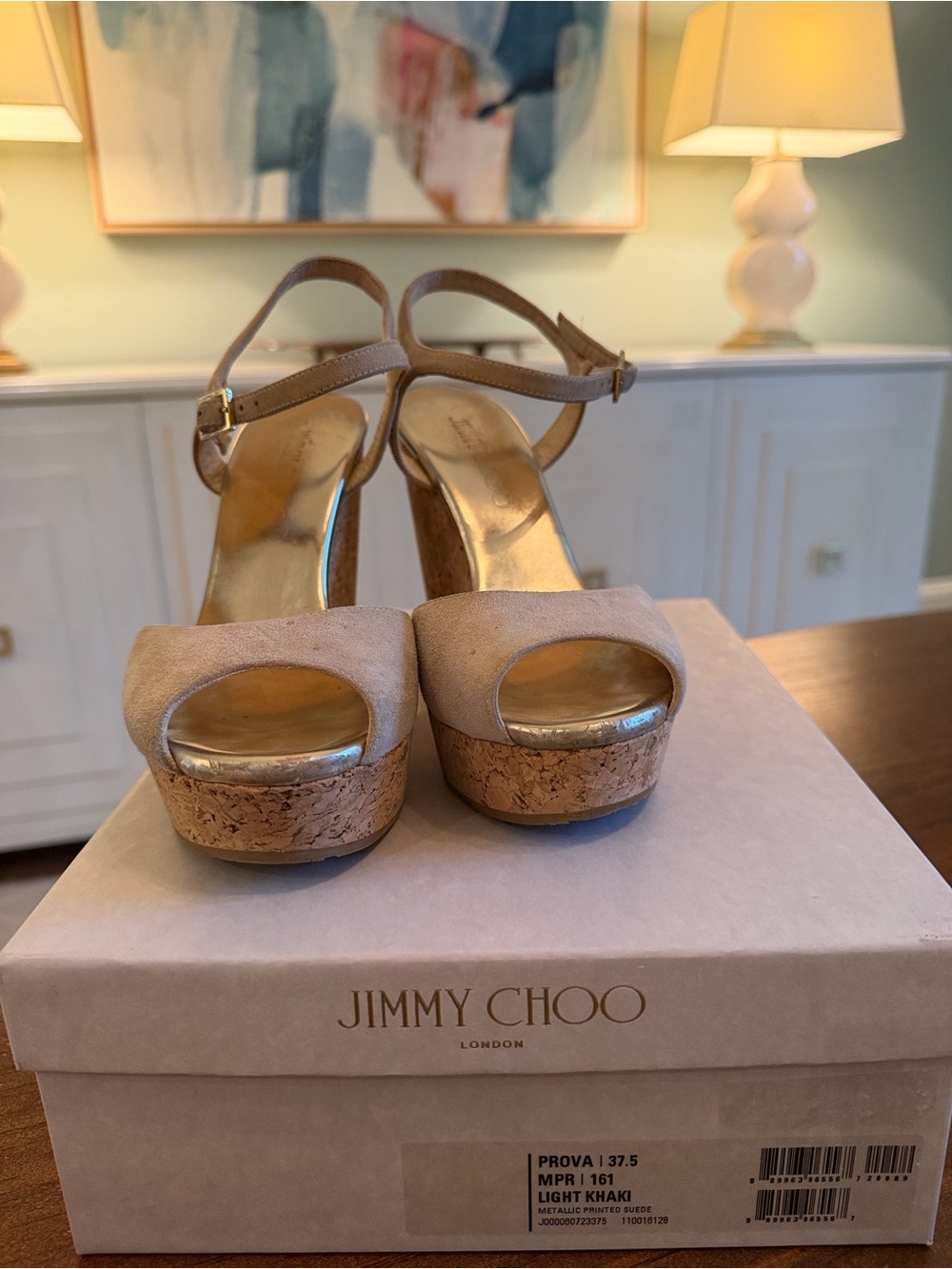 Jimmy Choo Light Khaki Suede Cork Platform Sandals